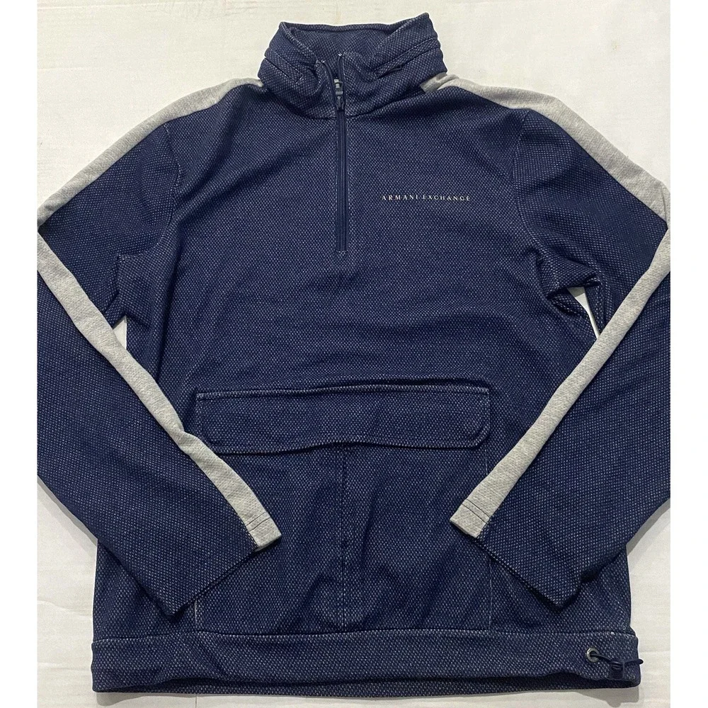 Armani Exchange Men's Dark Blue 1/4 Zip Kangaroo Pouch Pullover. Large